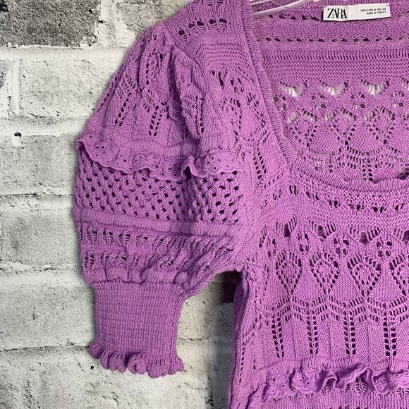 Zara Pointelle Knit Crochet Puff Sleeve Scoop Neck Lavender Cropped Sweater - Picture 4 of 13